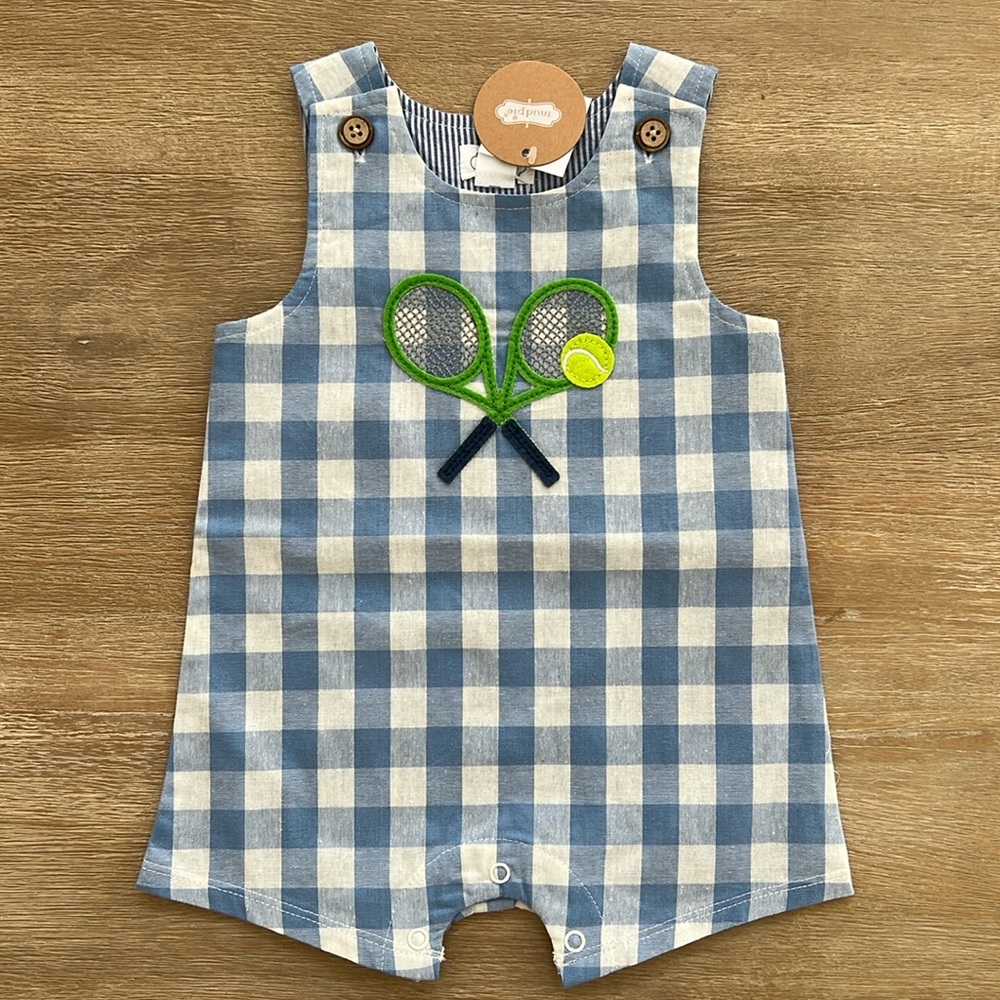 Mudpie Baby Boy Gingham Tennis Onesie Romper Shortall 3-6 months